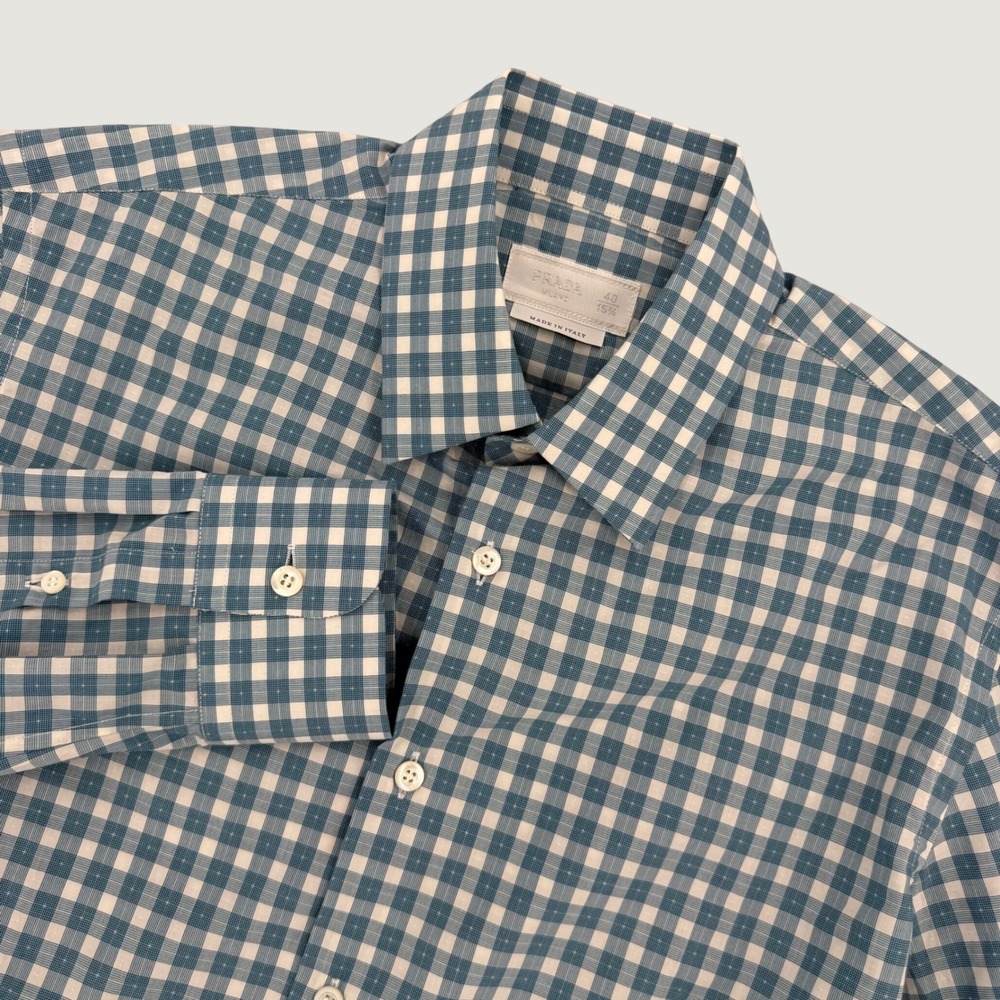 Prada Milano Gingham Check Button Down Shirt Mens Large 40 15.75  Blue Luxury